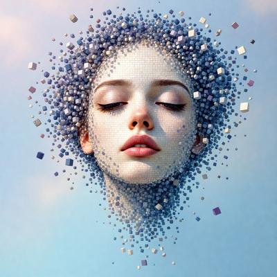 The primary subject of the image is a woman with a blue head. She is surrounded by a blue background, which adds to the overall blue theme of the image. The visual style of the image is digital art, as it features a close-up of the woman's face with a blue head and a blue background. The colors and mood of the image are predominantly blue, creating a calm and serene atmosphere.